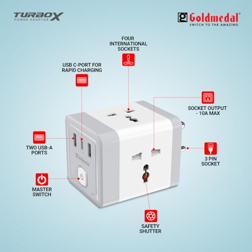 Image of Goldmedal TurboX All-in-One Charging Power Adapter with Master Switch | 4 International Sockets, 2 USB-A & 1 USB-C Port | Fast Charging Travel Adapter | White