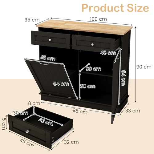 COSTWAY Sideboard with Trash Bin Hamper, Rubber Wood Top Tilt-out Trash Cabinet, Freestanding Storage Cupboard Unit for Kitchen Laundry, No Trash Can (Brown) - Image 3