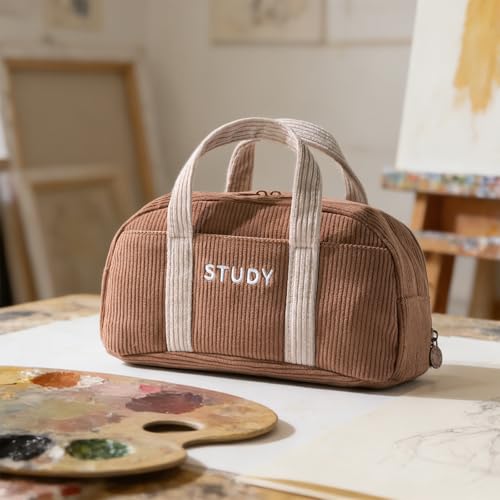 Image of EASTHILL Corduroy Hand-held Pencil Case Large Cute Pencil Pouch Stationery Pen Bag for Teen Girls-Brown