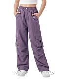 JiAmy Girls Cargo Trousers, Wide Leg Elastic Waist Casual Baggy Trousers Stretch Dance Joggers Y2k Kids Pants for 9-10 Years, Purple