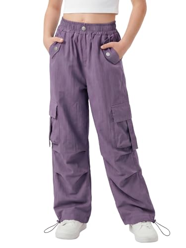Image of JiAmy Girls Cargo Trousers, Wide Leg Elastic Waist Casual Baggy Trousers Stretch Dance Joggers Y2k Kids Pants for 9-10 Years, Purple