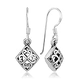 925 Sterling Silver Puffed Square Celtic Four Leaf Clover Heart-Shaped Dangle Hook Earrings