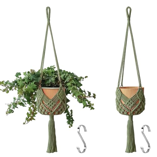 Muorruo 2-Pack Hanging Plant Holders with Patterns Macrame Plant Hangers for Indoor and Outdoor Macrame Plant Hangers for Pots up to 20 cm Diameter Dark Green