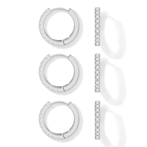 micuco 3 Pairs Small Hoop Earrings Tiny Cartilage Earrings for Women Cubic Zirconia Earrings Huggie Hoop Ear Piercing Earrings for Men 8mm 10mm 12mm, 8mm, 10mm, 12mm, Brass, Cubic Zirconia
