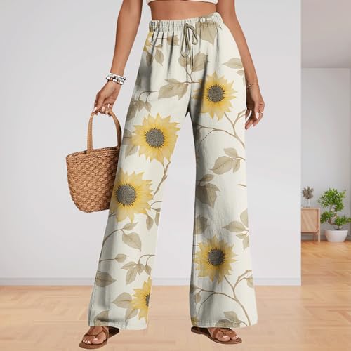 Womens Sunflower Print Pants Summer Boho Floral Graphic Casual Trousers Wide Lege Drawstring Waist Pant Lightweight4