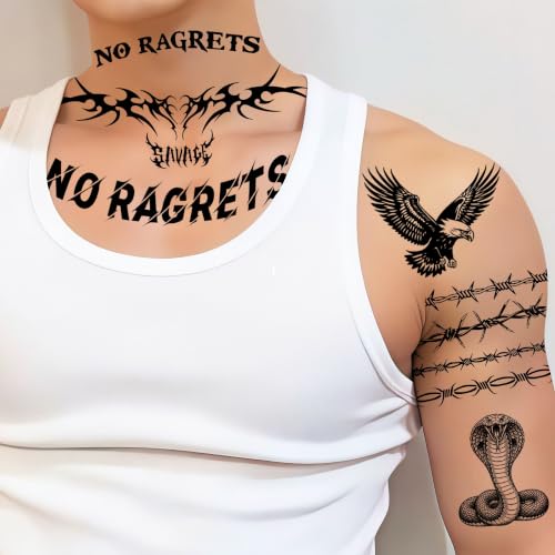 Image of 4 Sheets Y2K Barbed Wire Temporary Tattoos For Men Women Adults White Trash Bash Party Favors, Realistic NO RAGRETS Tramp Stamp Fake Thorns Tattoos Halloween Costume Heart Skull Tattoos Neck Stickers