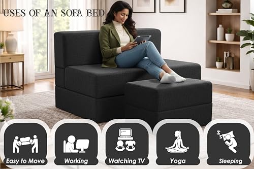 Image of Rosebell Foldable Sofa-Cum-Bed with Ottoman | 3-in-1 Convertible Sofa, Lounger & Bed-3x6 Feet One Seater- Perfect for Home & Office -Black