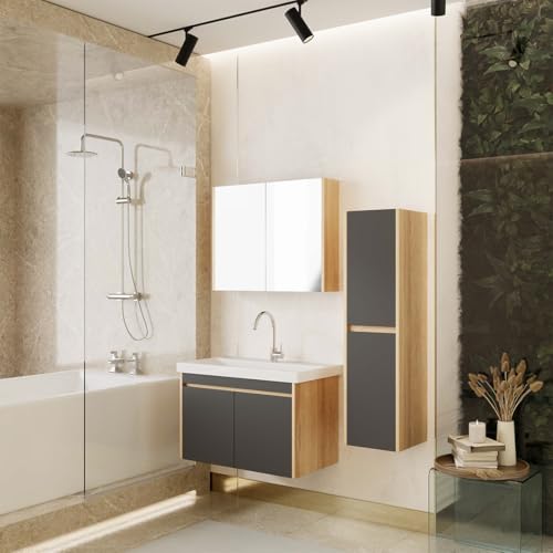 Karen Ensemble Meuble Salle de Bain 80 cm Dallas – Set 4 pièces en chêne & Anthracite, Meuble sous-Vasque Suspendu avec lavabo, Armoire Miroir et Colonne...