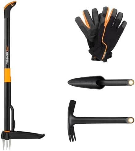 Fiskars Garden Tool Set, 4 Pieces, Xact Brushcutter, Stainless Steel/Plastic, Hoe and Solid Transplanter, FibreComp, Gardening Gloves, Size: 10, Black/Orange, 1077308
