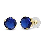 Gem Stone King 14K Yellow Gold Round Blue Created Sapphire Stud Earrings (1.10 Cttw, 5MM)