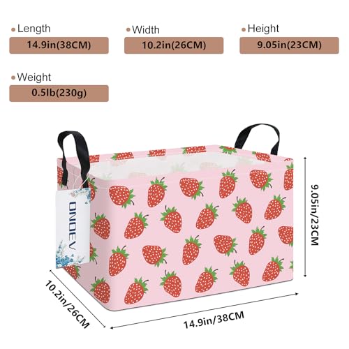 Image of Rectangular Strawberry Laundry Storage Bin for Adults and Kids | Damp resistant canvas fabric, sturdy stitched carry handles, foldable design organizes closet and playroom daily supplies