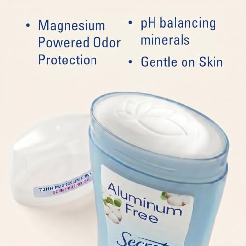 Image of Secret Aluminum Free Deodorant for Women, 48hr Odor Protection, Free of Parabens Dyes Talc & Baking Soda, PH Balancing Minerals, Dry Solid, Cotton Scent, 2.4 oz