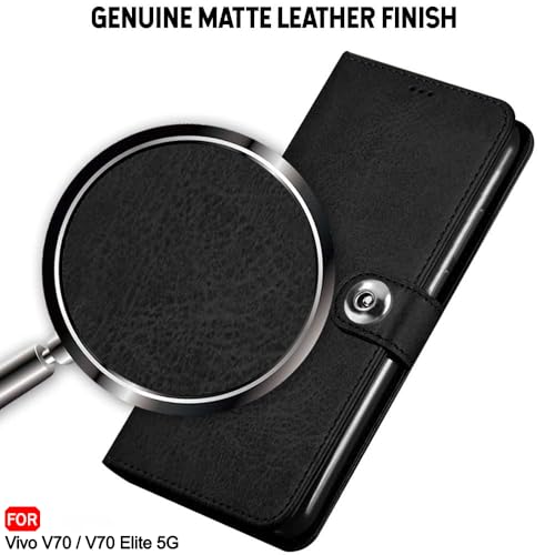 Image of TheGiftKart Genuine Leather Finish Flip Back Cover Case for Vivo V70 5G / V70 Elite 5G | Inbuilt Pockets & Stand | Wallet Style | Designer Button Magnet Flip Back Cover Case (Faux Leather, Black)