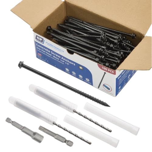 1/4" x 5" Concrete Screws, Black Hex Head with Star Drive, 100 Pack w/ 2 Drill Bits, 1 Star Bit, & 1 Hex Bit Included - Heavy Duty Masonry Anchor Screws for Concrete, Brick, Block - Carbon Steel by GLAZIER PRODUCTS LLC - Used condition - US$42.37