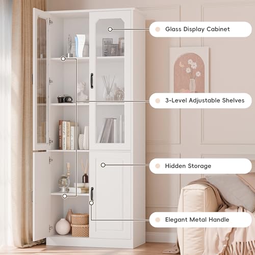 MU 78.7\" Tall Kitchen Pantry Cabinet with Glass Doors, Freestanding China Cabinet with Adjustable Shelves, Pantry Storage Cabinet for Kitchen, Dining Room, Living Room, White (Large)