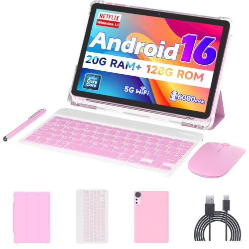 Android 15 10 Inch Tablets, 20GB RAM 128GB ROM 2TB Expandable, 2.0GHz Quad-core Processor, 2 in 1 Tablet with Stylus Mouse Keyboard Case, 5G WiFi6, BT 5.0, 6000mAh, Widevine L1