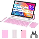 Android 16 Tablet 10 inch Tablets, 20GB RAM 128GB ROM 2TB Expandable, 2.0GHz Octa-core Processor, 2 in 1 Tablet with Keyboard Case Stylus Mouse, 5G WiFi6, BT 5.0, 6000mAh, Widevine L1, GMS, Pink