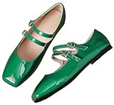 Stunner Women's Red Mary Jane Flats Retro Square Toe Soft Ballet Flats Comfort Double Line Strap Wedding Flats Green 41(8.5)