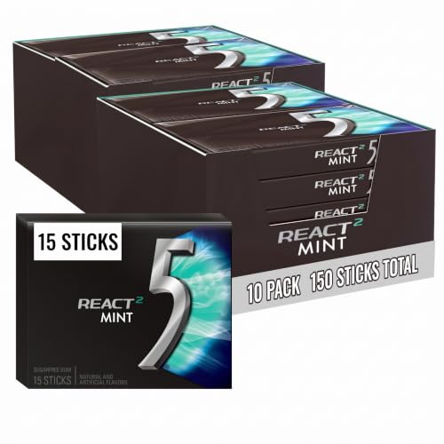 5 GUM React Mint Sugar Free Chewing Gum Bulk Pack Intense, Long-Lasting Flavor 15 Count (Pack of 20)