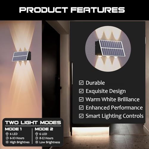 Image of GIGAWATTS 6 LED Solar Wall Light with 2W Panel On /Off Botton & 1.5Ah Battery Water Resistant Decor Deck Fence Lights Flood Lamp for Home Garden Terrace Patio (Set of 1, Warm White)