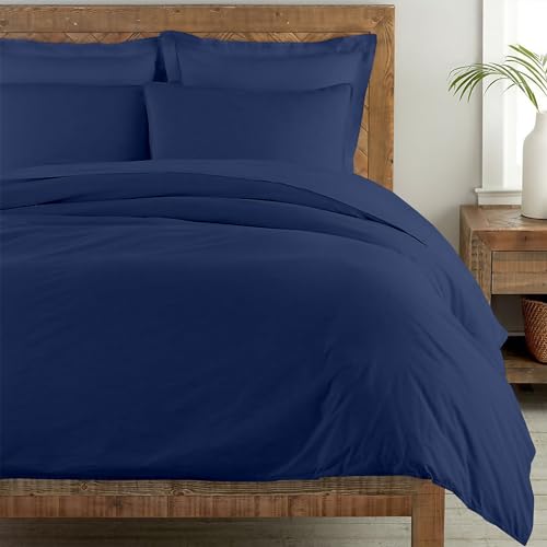 Image of Ray Bedding Single Duvet Cover Set 400 Thread Count 100% Egyptian Cotton Duvet Cover Single Bed Set with Pillow Case, Luxury Soft Cotton Bedding Button Closure 2pcs Quilt Cover set, Navy-blue