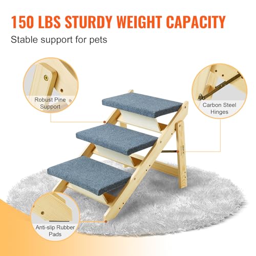 VEVOR Holz-Haustiertreppe/Haustierstufen, 2-in-1 faltbare Hundetreppe aus Holz für Betten, Sofas und Autos, Hundetreppe und Rampe mit 3 Stufen für kleine, mittelgroße und große Haustiere, bis zu 68 kg