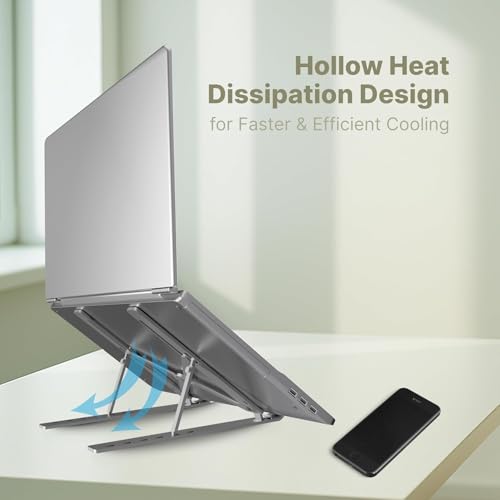 Image of Premium Metal Laptop Stand Foldable, Aluminum Note Book Stand Portable Any Laptop Stand Adjustable Height /OverHeating Protection Laptops /MacBooks /Table and Many More (Metallic Silver, MLS001)