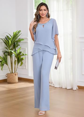 2 Piece Mother of The Bride Pant Suits for Women Half Sleeve Sparkly Chiffon Layered Formal Evening Outfits 20254
