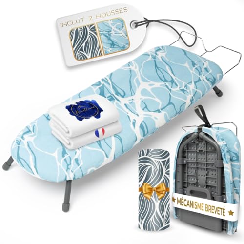 Homellence Petite Table A Repasser Pliable Compacte - Table Repassage Portable Voyage - Mini Planche A Repasser Pliable - 2 Housses Premium Incluses - Solution Gain de Place Maximale (Bleu)