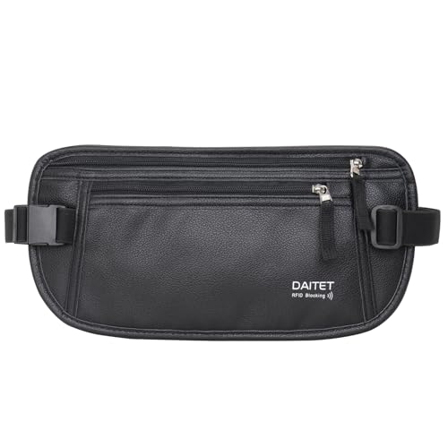 Cinto de dinheiro de pele sintética, suporte para passaporte, carteira de viagem oculta segura com bloqueio RFID, bolsa de cintura escondida (preto)