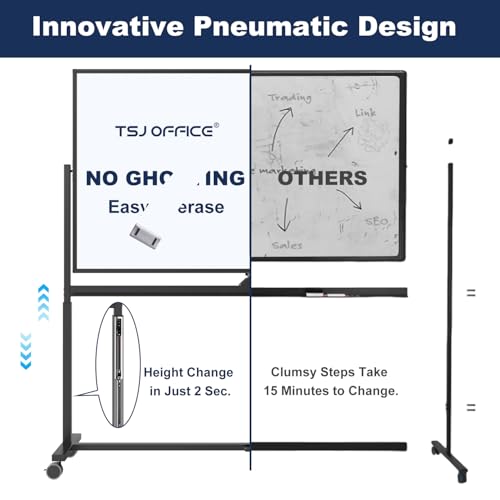 Image of Large Dry-Erase Rolling Magnetic Whiteboard - TSJ OFFICE 48 x 32 Inches Dry Erase Board with Stand Height Adjust Double Sides Mobile White Board Easel on Wheels Office, Home & Classroom