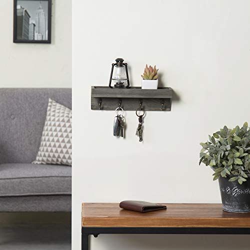 Mygift Wall Mounted Vintage Gray Wood Key Holder Rack And Floating Display Shelf, Entryway Storage Shelf With 4 Metal Key Hooks #TOP3