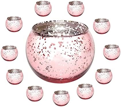 Phyther Speckled Mercury Glass Votive Tealight Candle Holders. 2 Inch Round Shiny Candleholders for Party Decorations and Gift. Rose Gold – 12 pcs
