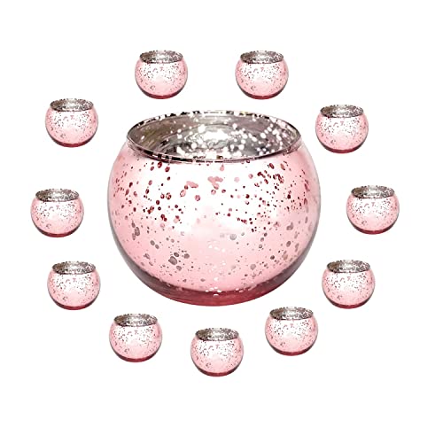 Phyther Speckled Mercury Glass Votive Tealight Candle Holders. 2 Inch Round Shiny Candleholders For Party Decorations And Gift. Rose Gold – 12 Pcs #TOP3