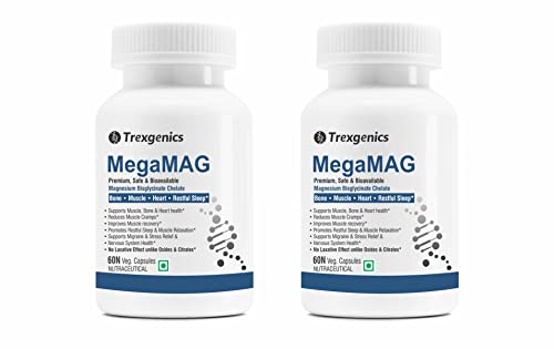 Image of Trexgenics MegaMAG Bioactive & Safe Magnesium Bisglycinate Elemental Magnesium 220 mg /2 Caps with Glycine Benefits - for Sleep, Muscle, Bone & Heart Support (60 x 2 Pack=120 Veg.Capsules)