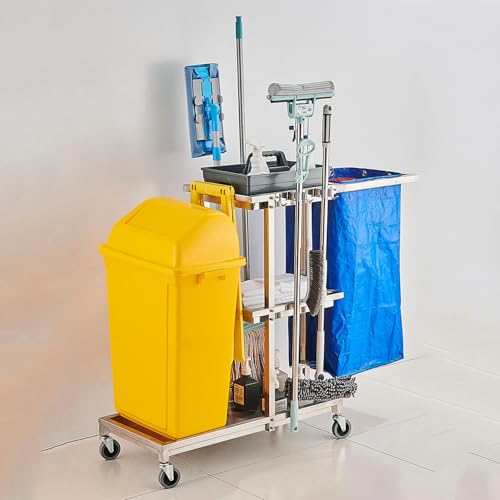 Chariot de nettoyage commercial en acier inoxydable sur roulettes avec 3 étagères et sac poubelle pour hôtels, restaurants, bureaux