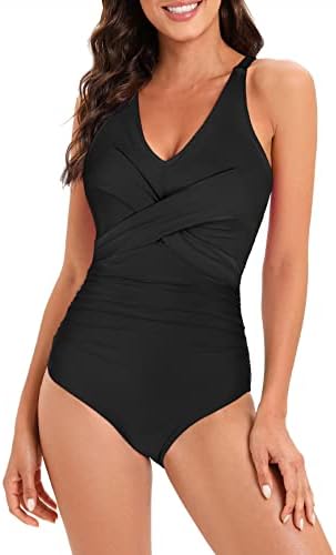 American Trends Women's One Piece Swimsuits Tummy Control V Neck Ruched Bathing Suits Color Block Slimming Modest