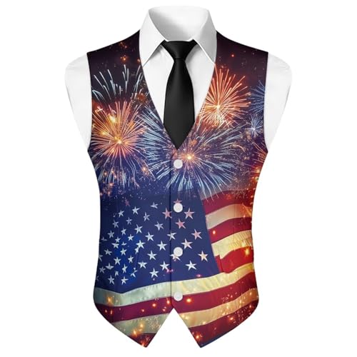 Tupalatus Firework USA Flag Mens Suit Vest Size 3XL Festive