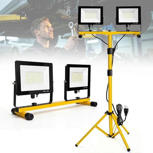 14000Lumens LED Work Lights with Stand, 2 Adjustable Work Lamp Head with Individual Switch, IP66 Waterproof Tripod Work Light for Outdoor Indoor Job Site Workshop Garage Construction Site