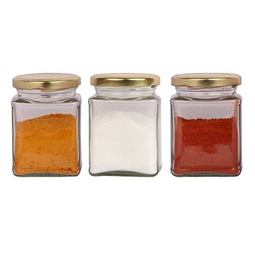 Pure Source India 150 Gram Glass Jar Square Shape,With Metal Golden Color Cap Rust Proof Air Tight (Set Of 3)
