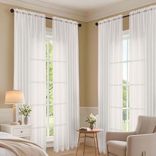 Image of OVZME Ivory Sheer Curtains 120 Inches Long 2 Panels Set, 59 Inch Extra Wide Soft Airy Lightweight Sheer Ivory Curtains for Living Room, Farmhouse Voile Filmy Rod Pocket Drapes, 59Wx120L Inches