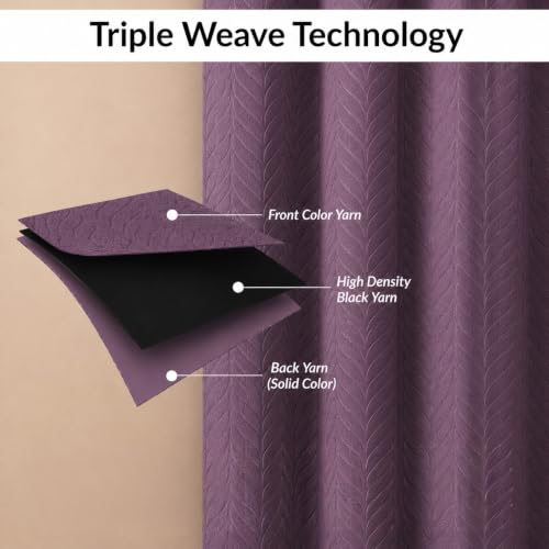 Image of LINENWALAS 100% True Blackout Window Curtains 6 Feet Set of 2 | Embossed Herringbone Leaf Design |Room Darkening Curtain | Thermal Insulated Curtains for Living Room, Bedroom (129 x 183 cm, Lilac)