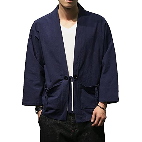 Image of Mens Kimono Cardigan Cotton Linen Japanese Shirt 3 /4 Sleeve Haori Yukata | Skin-Friendly Solid Color Lightweight Shawl Collar Kimono Robe Embroidery Button Tie Pockets Happi Coat All Season Daily Wear