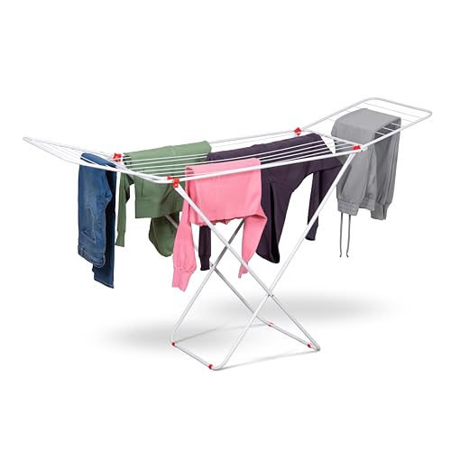 CUQOO Clothes Airer Outdoor with 22 Bars in White - Foldable Clothes Drying Rack Indoor | Winged Clothes Horse Airer for Drying Clothes | Large Cloth Drying Rack Stand for Laundry Drying Rack