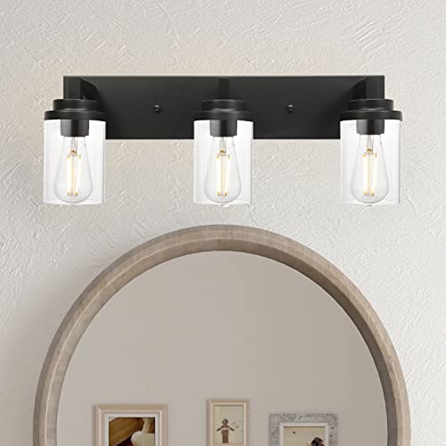 MELUCEE Vintage Bathroom Lighting Fixtures Over Mirror, 3-Light Modern Vanity Lights Black Finish Industrial Wall Sconce with Clear Glass Shade