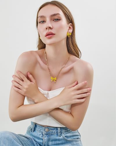 Cute Teacher Necklace For Women Yellow Enamelled Pencil Bow Pendant Necklace With Gold Chain Back To School Teacher Jewelry Gift4