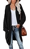 MEROKEETY Women's Waffle Knit Batwing Long Sleeve Cardigan Loose Open Front Sweater Coat Black
