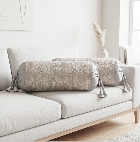 Image of SAJAVAT HOME Steel Grey Silk Bolster Cover for Sofa, Bed & Diwan (Pack of 2) 15x30 Inch | Soft Breathable Side Pillow Cover | Textured Round Pillow Cover for All Seasons
