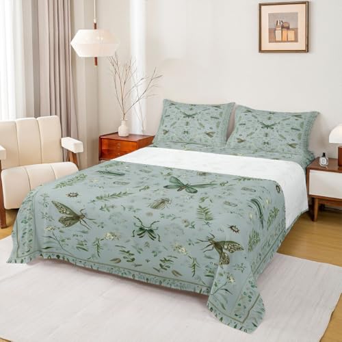 Erosebridal Insect Print Sheet Set Botanical Leaf Rustic Beetle Full Size Bed Sheets | Plant Leaves Aesthetic Animal Bugs Pattern Moth Bedding Set,Green