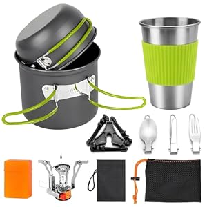 aiGear 8pcs Camping Cooking Set for 1-2 People with Pot Cutlery Stove Stand